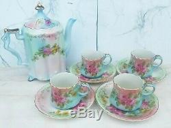 Antique RS Teapot Chocolate Pot Cup Saucer Prussia Germany Pink Blue Flowers Set