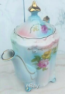 Antique RS Teapot Chocolate Pot Cup Saucer Prussia Germany Pink Blue Flowers Set