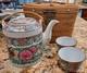 Antique Rose Medallion Tea Set, 2 Cups And Teapot With Rattan Carrier