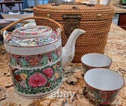 Antique Rose Medallion Tea Set, 2 Cups And Teapot With Rattan Carrier