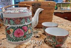 Antique Rose Medallion Tea Set, 2 Cups And Teapot With Rattan Carrier