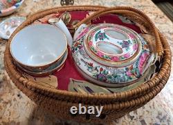 Antique Rose Medallion Tea Set, 2 Cups And Teapot With Rattan Carrier