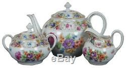 Antique Schumann Dresden Empress Teapot Sugar & Creamer Tea Set Bavaria Flowers