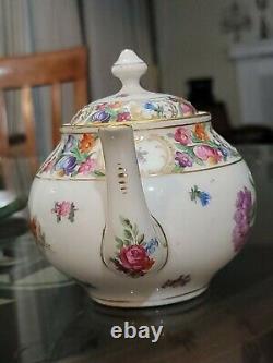 Antique Schumann Dresden Empress Teapot Sugar & Creamer Tea Set Bavaria Flowers