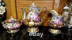 Antique Set Footed Teapot/Sugar/Creamer/Pitcher & 4 Cups/Saucers HAND PAINTED
