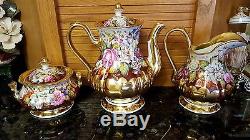 Antique Set Footed Teapot/Sugar/Creamer/Pitcher & 4 Cups/Saucers HAND PAINTED