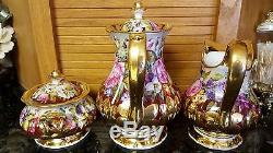 Antique Set Footed Teapot/Sugar/Creamer/Pitcher & 4 Cups/Saucers HAND PAINTED