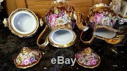 Antique Set Footed Teapot/Sugar/Creamer/Pitcher & 4 Cups/Saucers HAND PAINTED