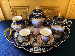 Antique Sevres 1800's Porcelain Handpainted French Tea Set Cobalt Blue Gold Gilt