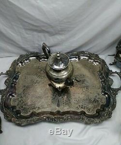 Antique Silver On Copper Tea Set 10 Pc withTilting Tea Pot & Lg Tray