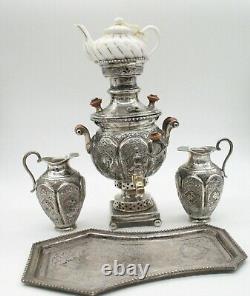 Antique Sterling Silver Samovar, Ceramic Tea Pot, 2 Sterling Jugs, Tray Set