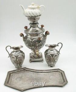 Antique Sterling Silver Samovar, Ceramic Tea Pot, 2 Sterling Jugs, Tray Set