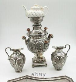 Antique Sterling Silver Samovar, Ceramic Tea Pot, 2 Sterling Jugs, Tray Set