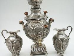 Antique Sterling Silver Samovar, Ceramic Tea Pot, 2 Sterling Jugs, Tray Set