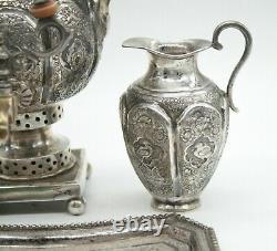 Antique Sterling Silver Samovar, Ceramic Tea Pot, 2 Sterling Jugs, Tray Set