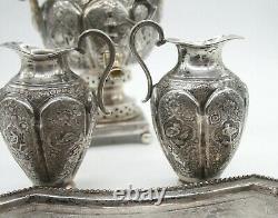 Antique Sterling Silver Samovar, Ceramic Tea Pot, 2 Sterling Jugs, Tray Set