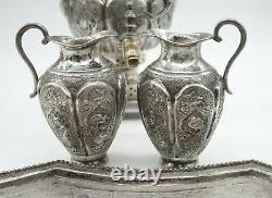 Antique Sterling Silver Samovar, Ceramic Tea Pot, 2 Sterling Jugs, Tray Set