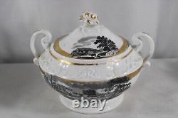Antique Tea Pot Repaired Set 6 Cups Covered Sugar Transferware Black Gold
