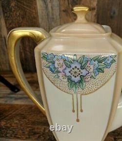 Antique Tea Set Gold Hand painted Signed 1922 Teapot Creamer Sugar Plates Floral