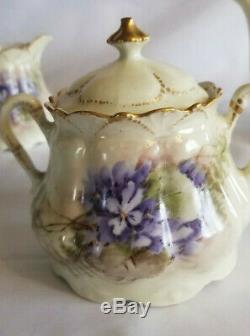 Antique Tea Set Teapot Creamer Sugar Lids Handpainted Violets Gold Trim Unmarked