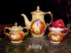 Antique Teapot Tea Pot Sugar Creamer Set HAND PAINTED Fruit GOLD PLATE Handles+