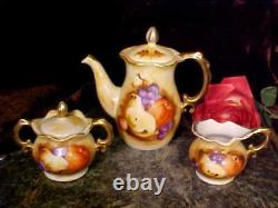 Antique Teapot Tea Pot Sugar Creamer Set HAND PAINTED Fruit GOLD PLATE Handles+