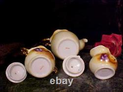 Antique Teapot Tea Pot Sugar Creamer Set HAND PAINTED Fruit GOLD PLATE Handles+
