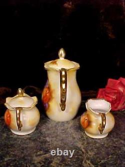 Antique Teapot Tea Pot Sugar Creamer Set HAND PAINTED Fruit GOLD PLATE Handles+