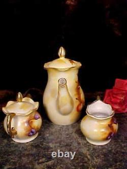 Antique Teapot Tea Pot Sugar Creamer Set HAND PAINTED Fruit GOLD PLATE Handles+