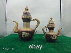 Antique Tibetan Tea Pot Set, Little and Large, Stunning Silver Styled and Copper