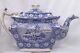 Antique Transferware Teapot Blue & White Oriental Scenes Pagoda Wood & Sons
