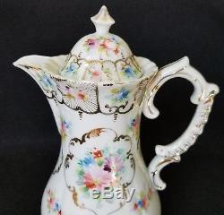 Antique Unique Chocolate Pot Coffee Teapot Primrose Flowers Hand Painted Gold
