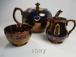 Antique Victorian Gibson Ceramic Copper Lustreware Tea Pot, Sugar & Creamer Set