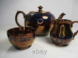 Antique Victorian Gibson Ceramic Copper Lustreware Tea Pot, Sugar & Creamer Set