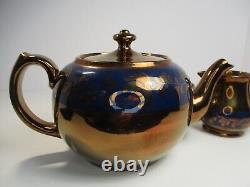 Antique Victorian Gibson Ceramic Copper Lustreware Tea Pot, Sugar & Creamer Set