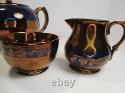 Antique Victorian Gibson Ceramic Copper Lustreware Tea Pot, Sugar & Creamer Set