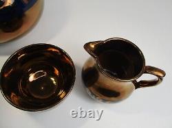 Antique Victorian Gibson Ceramic Copper Lustreware Tea Pot, Sugar & Creamer Set