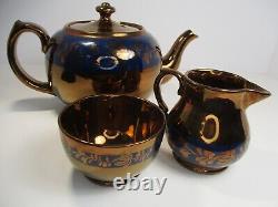 Antique Victorian Gibson Ceramic Copper Lustreware Tea Pot, Sugar & Creamer Set