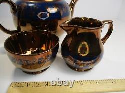 Antique Victorian Gibson Ceramic Copper Lustreware Tea Pot, Sugar & Creamer Set