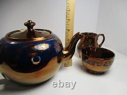 Antique Victorian Gibson Ceramic Copper Lustreware Tea Pot, Sugar & Creamer Set