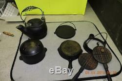 Antique Wagner Cast Iron Child's Saleman's Cookware Set Skillet Griddle Tea Pot