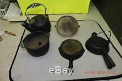 Antique Wagner Cast Iron Child's Saleman's Cookware Set Skillet Griddle Tea Pot