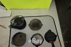 Antique Wagner Cast Iron Child's Saleman's Cookware Set Skillet Griddle Tea Pot