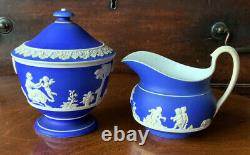 Antique Wedgwood Jasperware 1830's Tea Set Lady Templetown Teapot Rare Form Blue