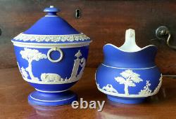 Antique Wedgwood Jasperware 1830's Tea Set Lady Templetown Teapot Rare Form Blue