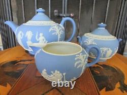 Antique Wedgwood Sky Blue Jasperware Tea Set (Teapot, Sugar Bowl & Creamer)