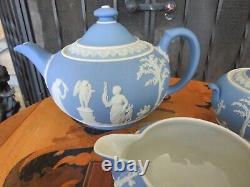 Antique Wedgwood Sky Blue Jasperware Tea Set (Teapot, Sugar Bowl & Creamer)