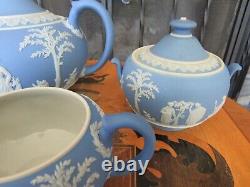 Antique Wedgwood Sky Blue Jasperware Tea Set (Teapot, Sugar Bowl & Creamer)