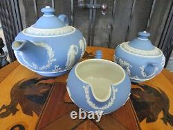 Antique Wedgwood Sky Blue Jasperware Tea Set (Teapot, Sugar Bowl & Creamer)