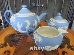 Antique Wedgwood Sky Blue Jasperware Tea Set (Teapot, Sugar Bowl & Creamer)